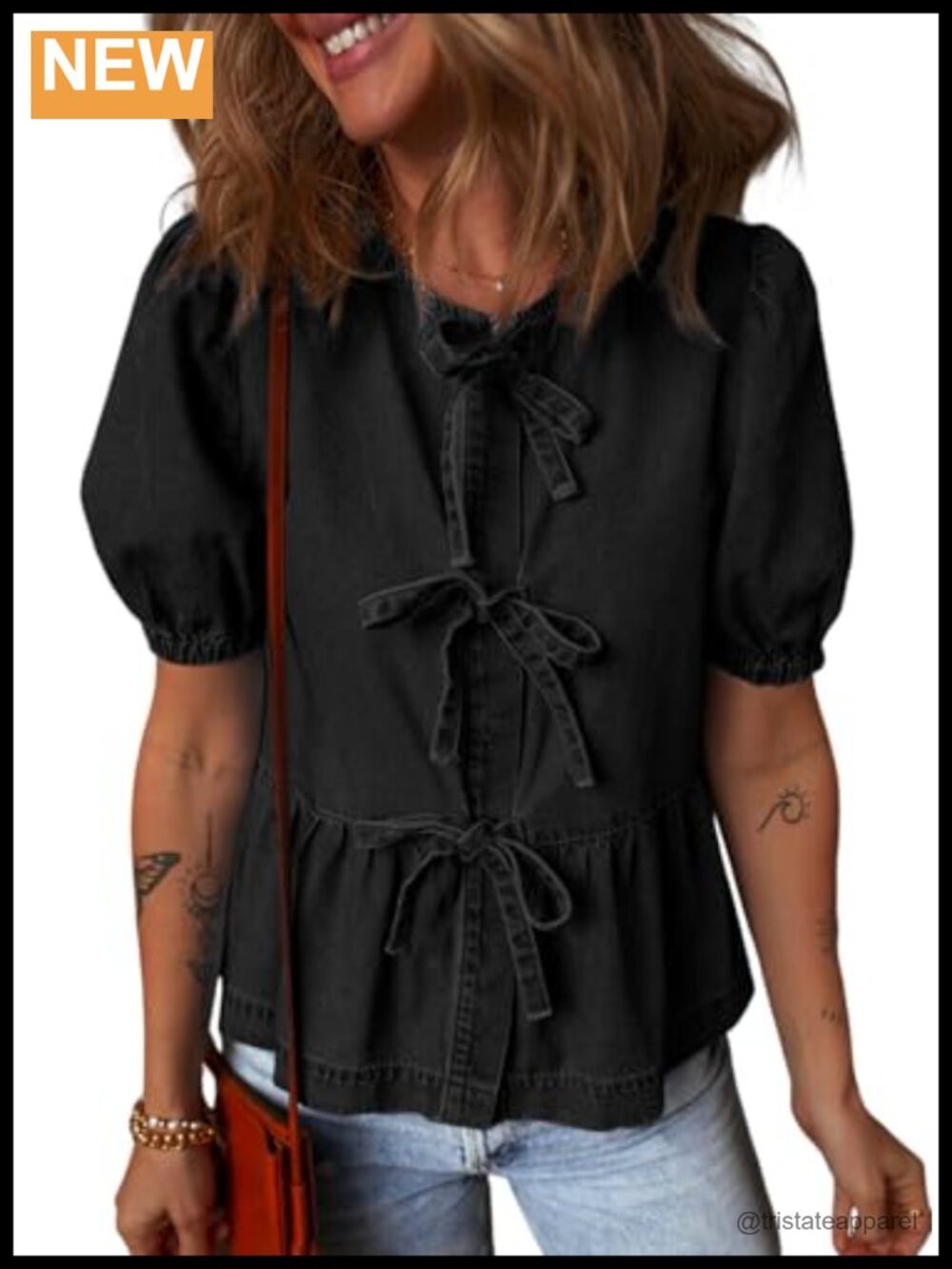 Denim Puff Sleeve Babydoll Peplum Blouse Bow Front Crewneck Shirt
